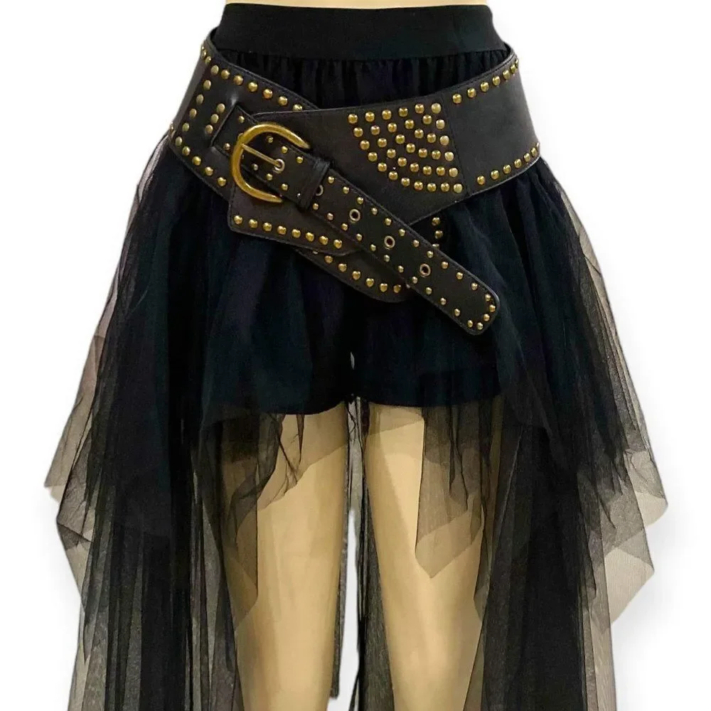 Black Wide Studded Leather Belt Waist Cinch Belt Antique Gold Buckle  NWT